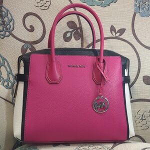 Michael Kors Hot Pink, White & Black Colorblock Leather Satchel